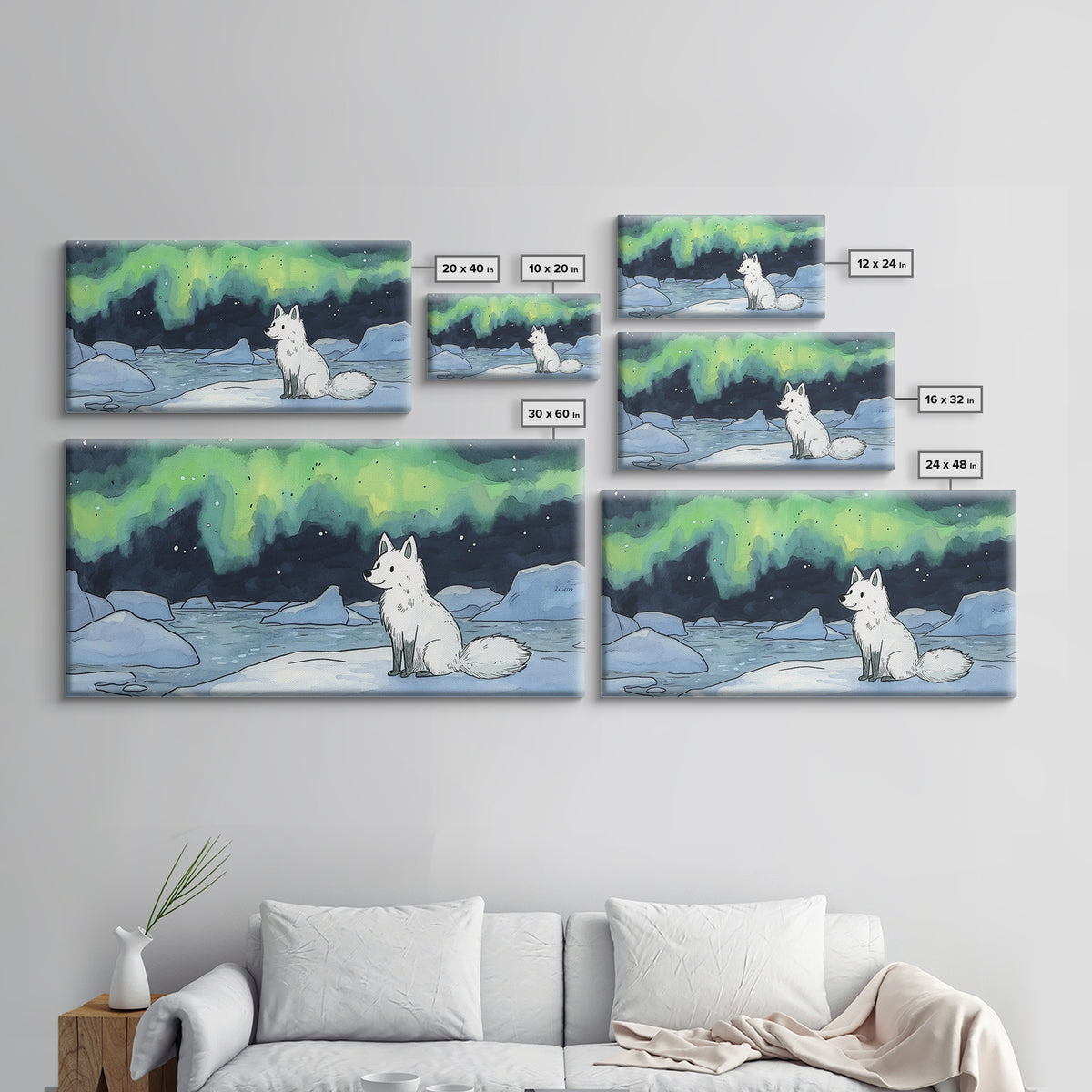 Sitting Arctic Fox On Ice Under Aurora, Canvas Print, Celestial Wall Art, Winter Coastal Decor, Calming Wildlife Gift For Her