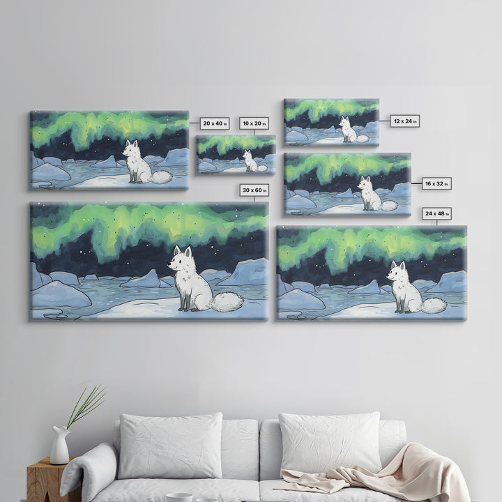 Sitting Arctic Fox On Ice Under Aurora, Canvas Print, Celestial Wall Art, Winter Coastal Decor, Calming Wildlife Gift For Her