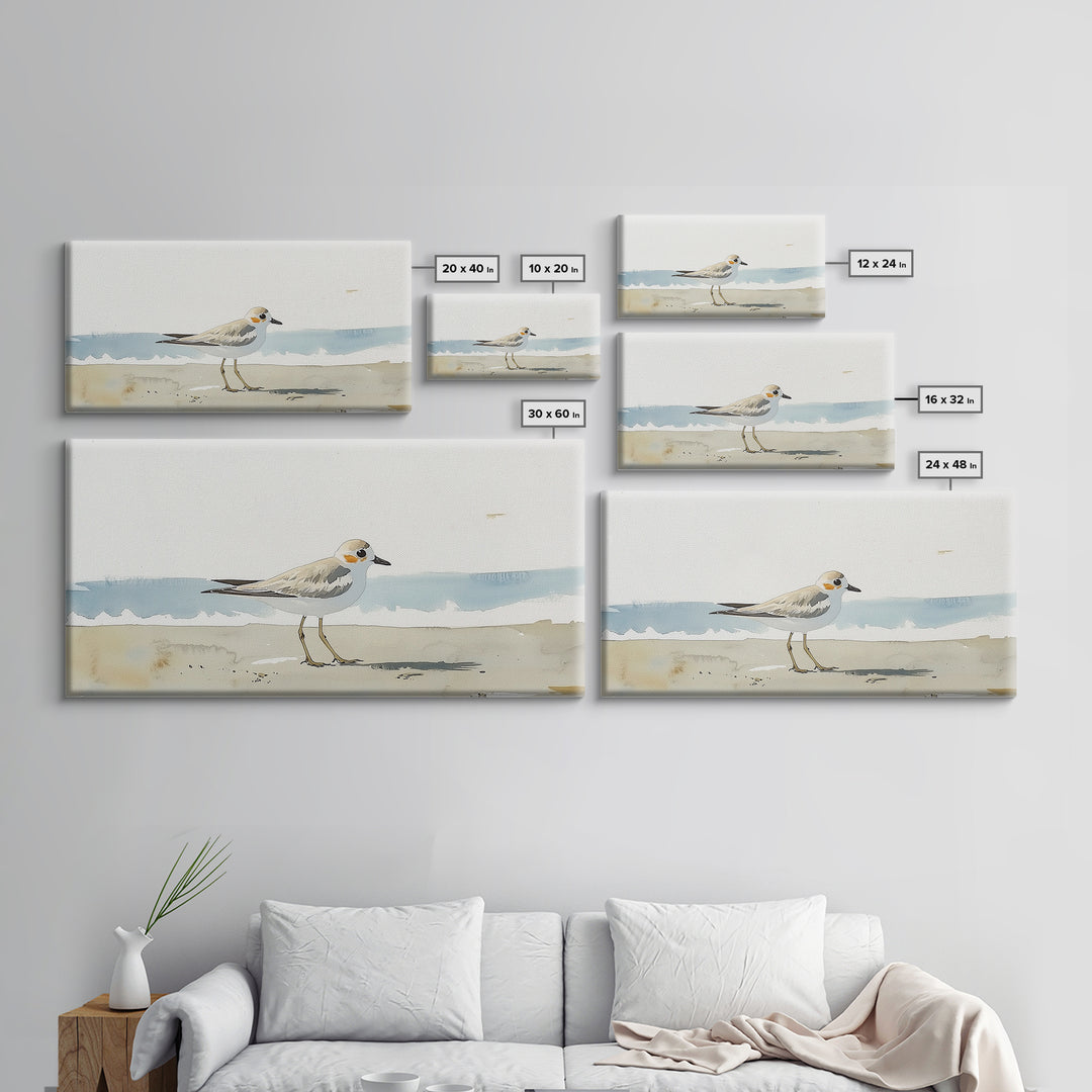 Tiny Snowy Plover Beside Gentle Surf Canvas Print, Watercolor Bird Art, Coastal Wall Art, Beach House Decor, Nature Print