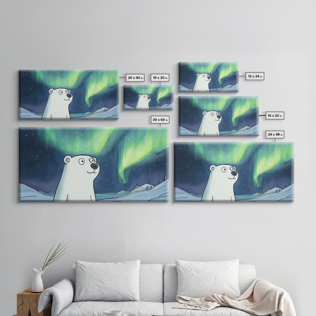 Whimsical Polar Bear Under Northern Lights Wall Art, Arctic Nursery Decor, Aurora Animal Print, Kids Room Canvas Gift, Home Decor