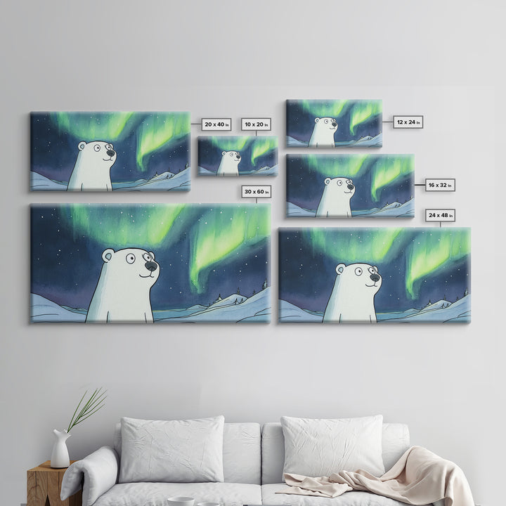 Whimsical Polar Bear Under Northern Lights Wall Art, Arctic Nursery Decor, Aurora Animal Print, Kids Room Canvas Gift, Home Decor