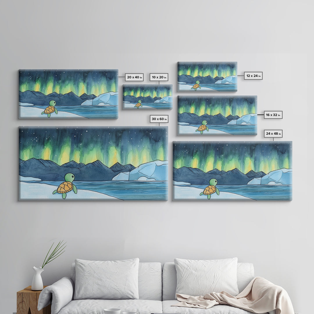 Baby Sea Turtle Watching Aurora Wall Art, Northern Lights Landscape, Arctic Ocean Nursery Decor, Whimsical Kids Room Print