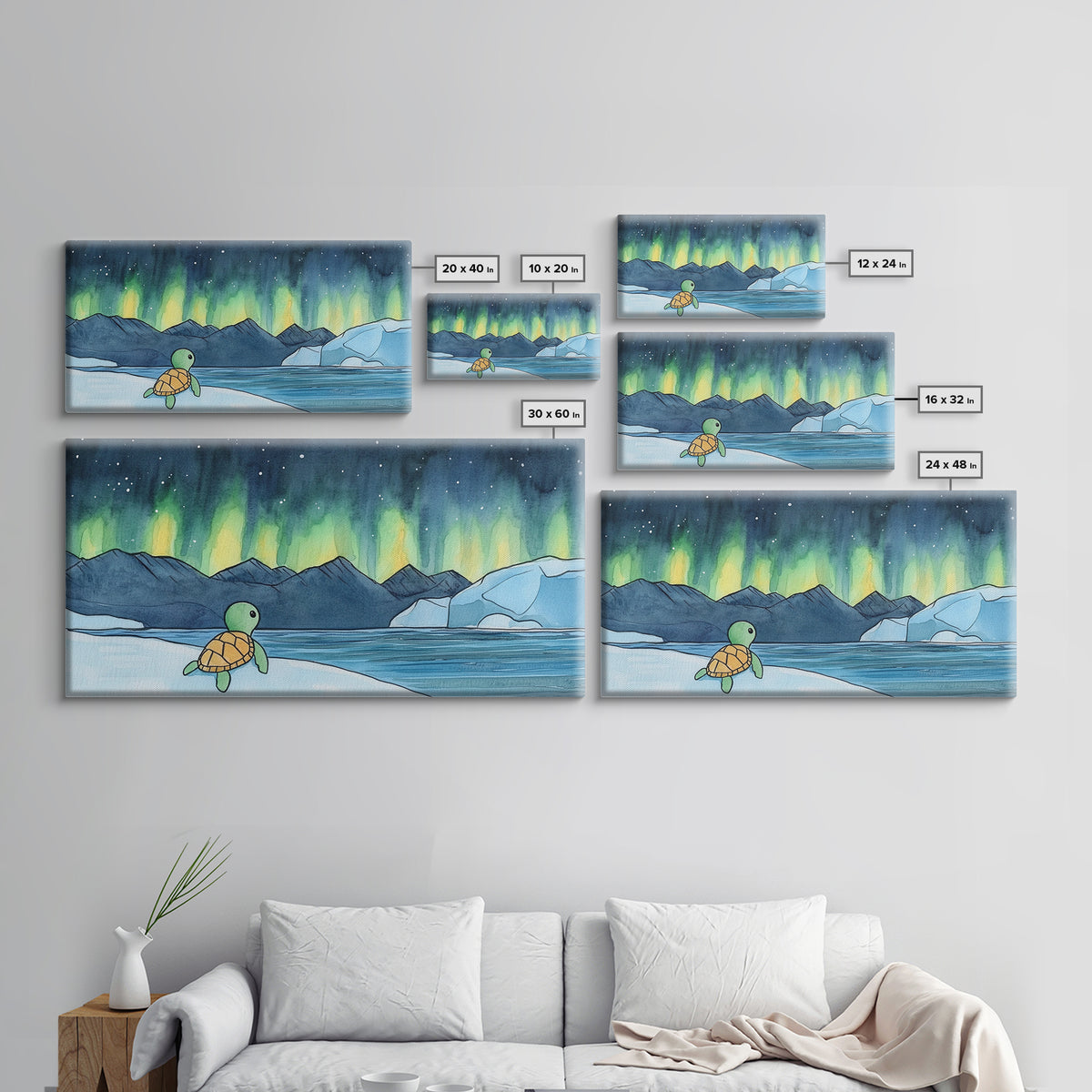 Baby Sea Turtle Watching Aurora Wall Art, Northern Lights Landscape, Arctic Ocean Nursery Decor, Whimsical Kids Room Print
