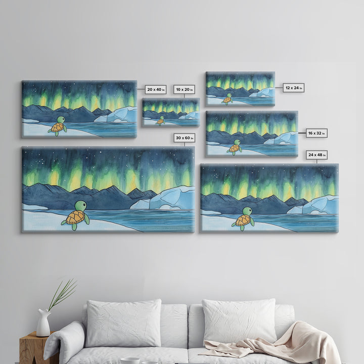 Baby Sea Turtle Watching Aurora Wall Art, Northern Lights Landscape, Arctic Ocean Nursery Decor, Whimsical Kids Room Print