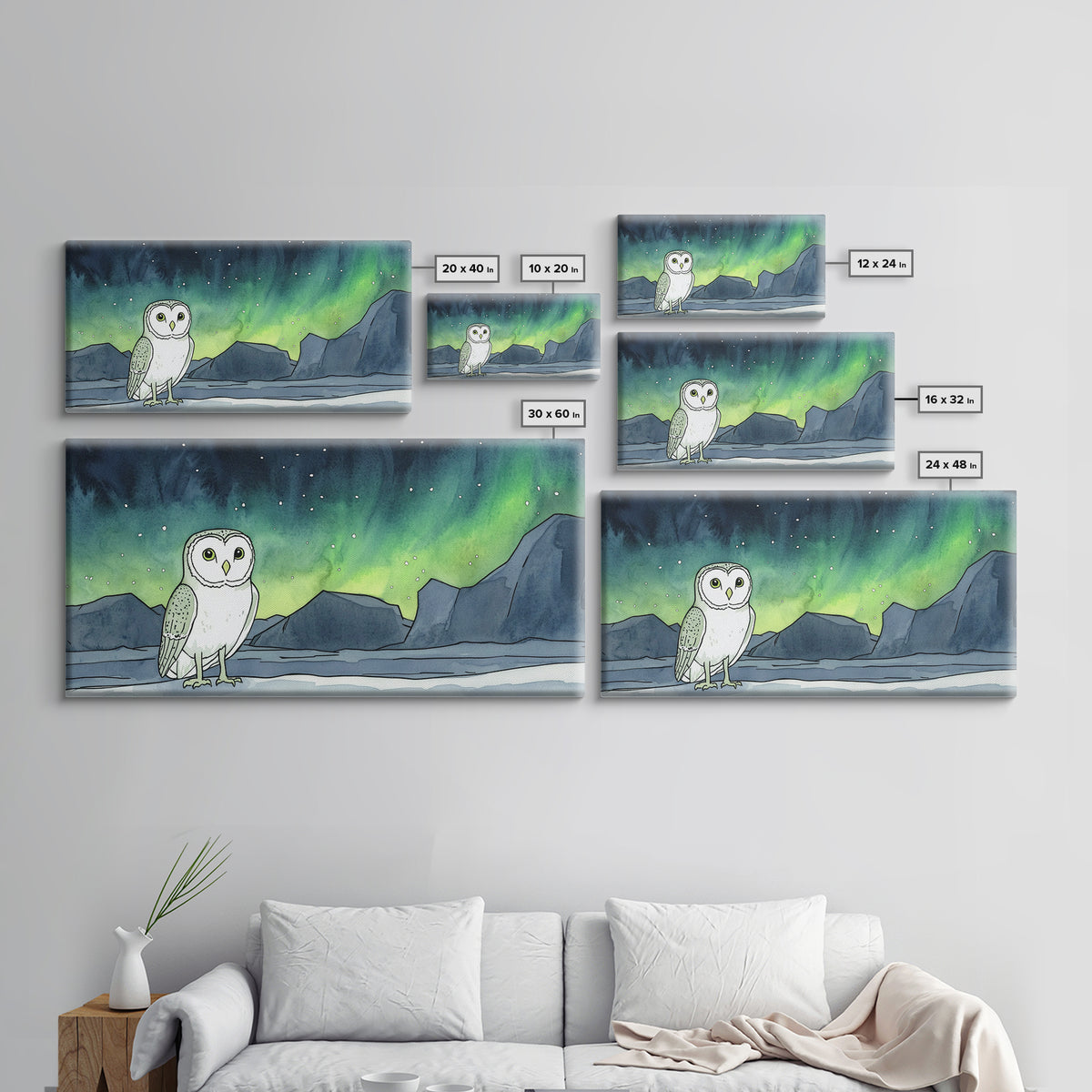 Snowy Owl Under Aurora Borealis Wall Art, Arctic Landscape Canvas Print, Wildlife Nursery Decor, Northern Lights Gift For Bird Lover