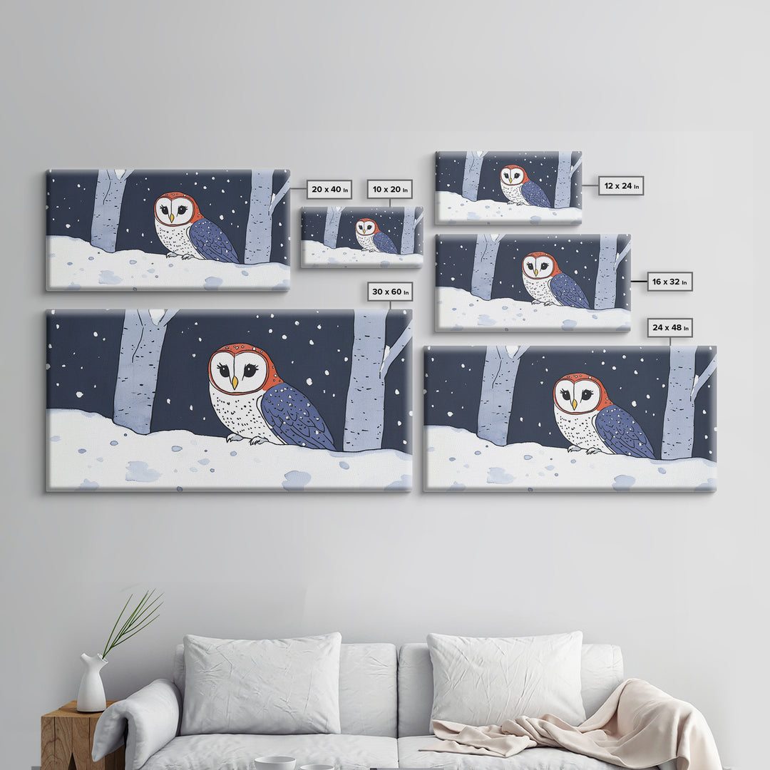 Cute Red And Blue Owl In Snow Wall Art, Woodland Nursery Decor, Whimsical Bird Print, Winter Animal Canvas For Kids Room