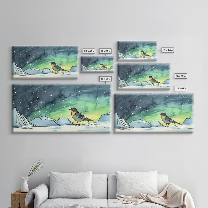 Tiny Penguin Under Northern Lights Wall Art, Arctic Ocean Canvas Print, Whimsical Nursery Decor, Winter Animal Gift For Kids Room
