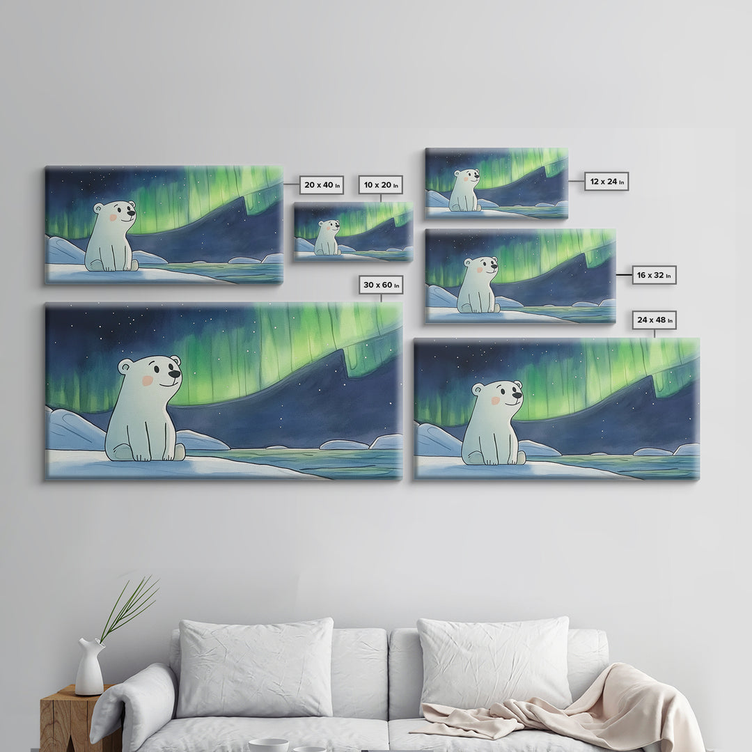 Smiling Polar Bear Under Northern Lights Canvas Print, Whimsical Arctic Nursery Decor, Kids Room Wall Art, Baby Shower Gift