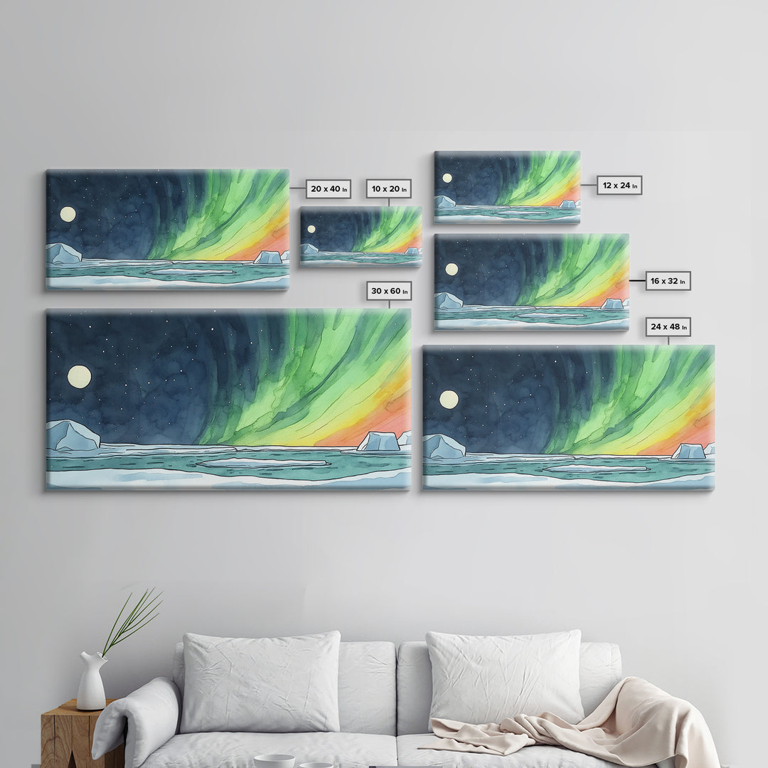 Aurora Borealis Over Icy Ocean Wall Art, Arctic Landscape Print, Celestial Night Sky Decor, Coastal Living Room Wall Art