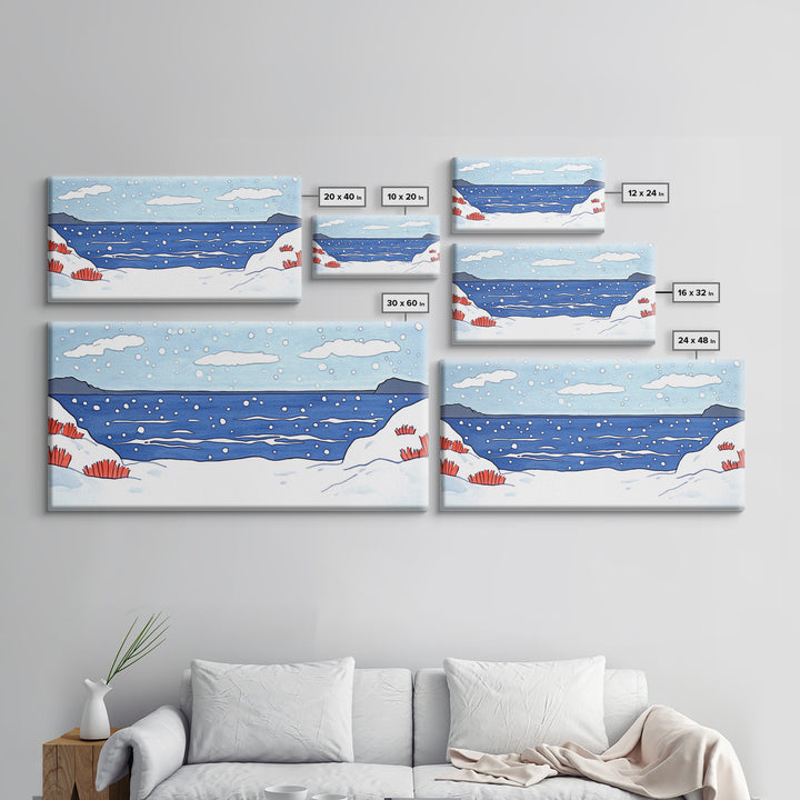 Snowy Winter Ocean With Red Grass Wall Art, Minimal Coastal Landscape Print, Scandinavian Nursery Decor, Beach House Wall Decor