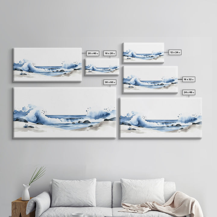 Crashing Blue Waves On Sandy Shore Canvas Print, Minimalist Ocean Wall Art, Coastal Bathroom Decor, Beach House Art Print