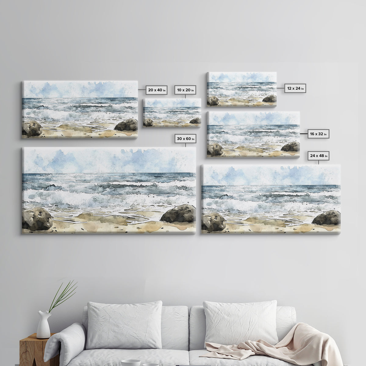 Rocky Surf And Foamy Tide Wall Art, Watercolor Ocean Painting Print, Nautical Coastal Decor, Beach House Living Room Art
