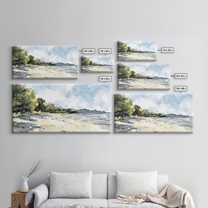 Sunny Tropical Beach With Trees Canvas Print, Coastal Landscape Wall Art, Watercolor Ocean Decor, Beach House Living Room Print