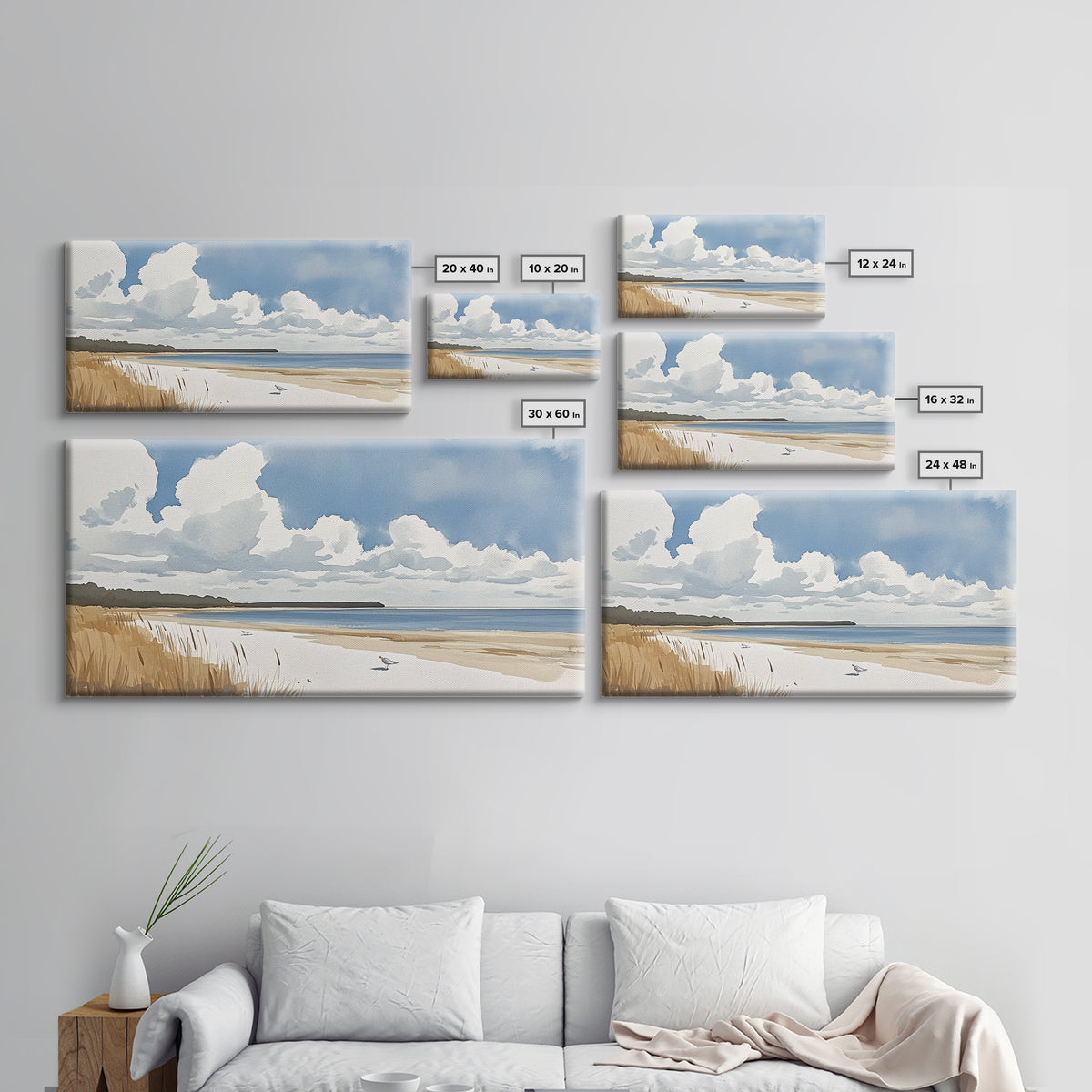 Open Sandy Beach With Big Clouds Wall Art, Soft Watercolor Seascape Print, Neutral Coastal Decor, Above Sofa Living Room Art