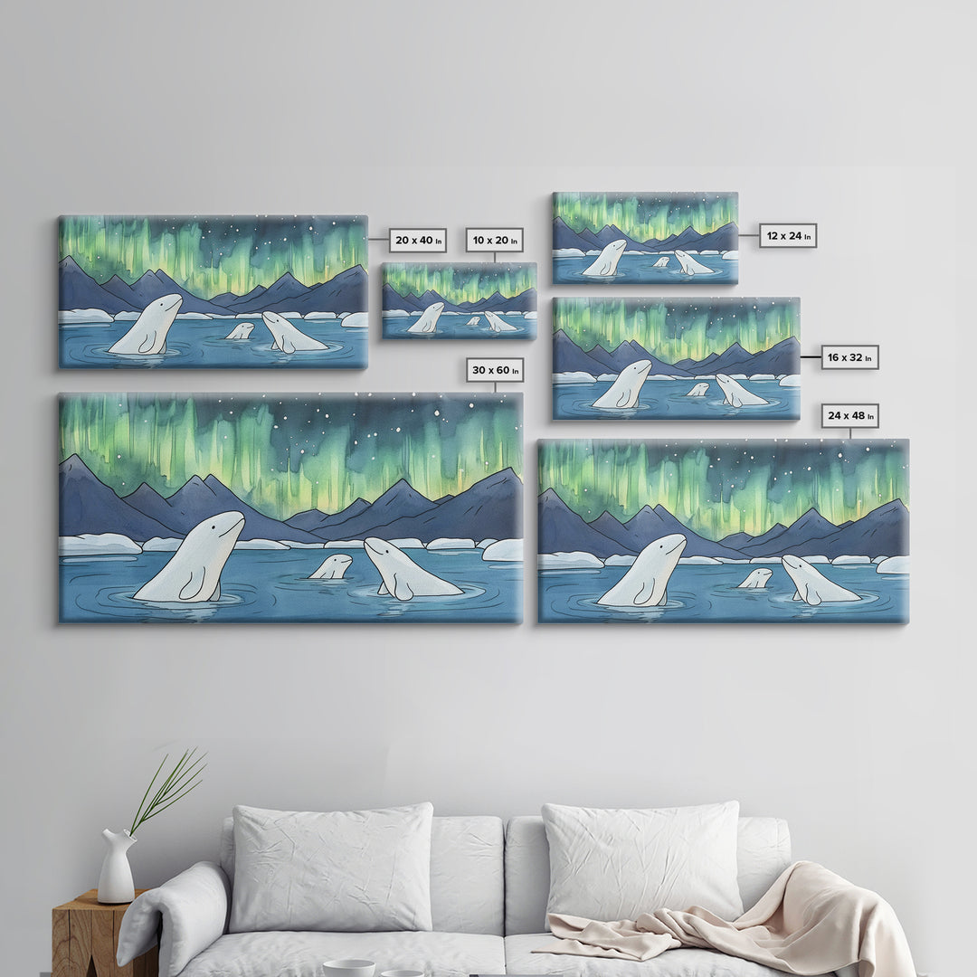 Beluga Whales Under Aurora Framed Canvas Print, Arctic Ocean Wildlife Wall Art, Nursery Decor, Kids Room Animal Art Prints