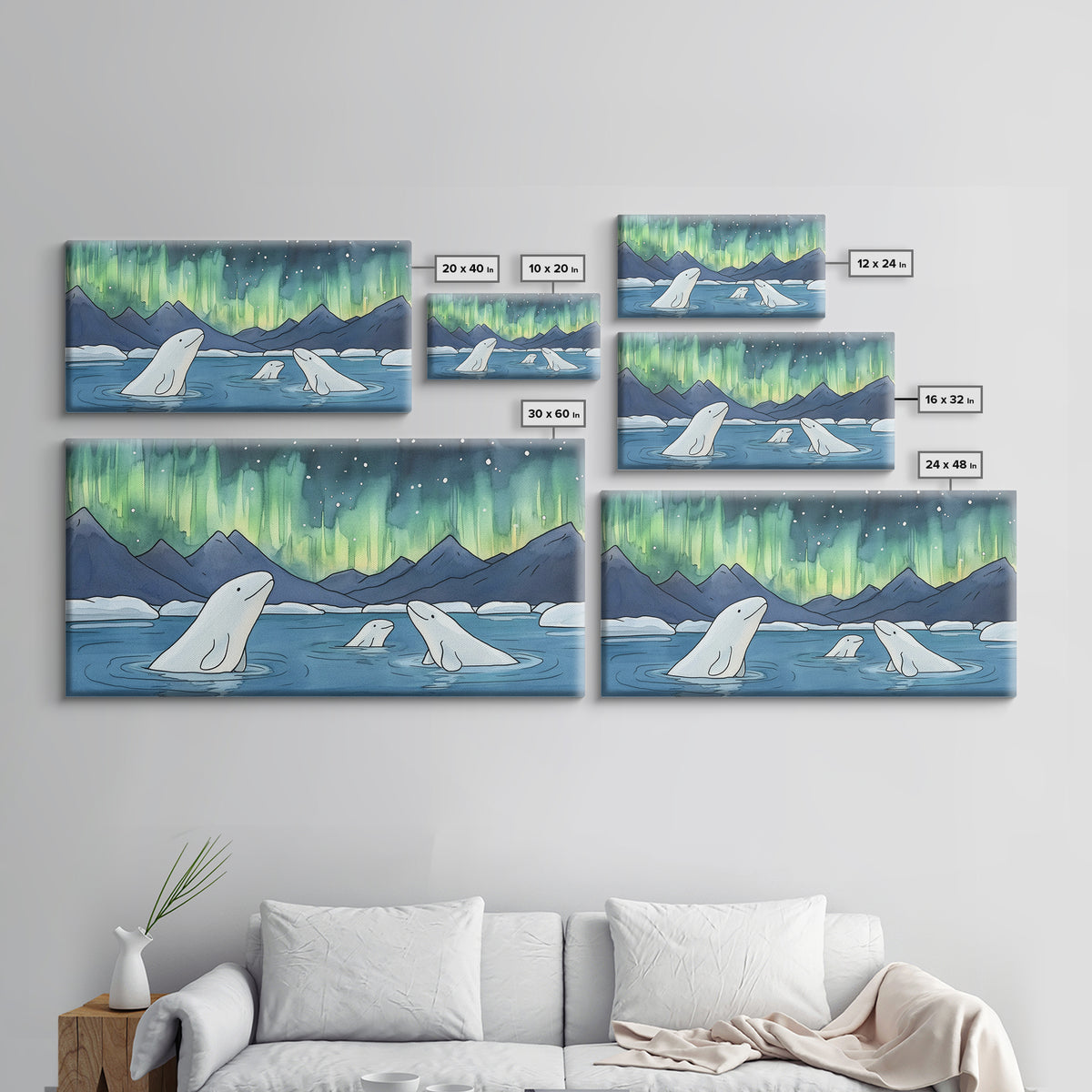 Beluga Whales Under Aurora Framed Canvas Print, Arctic Ocean Wildlife Wall Art, Nursery Decor, Kids Room Animal Art Prints