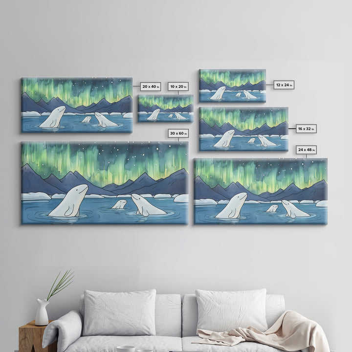 Beluga Whales Under Aurora Framed Canvas Print, Arctic Ocean Wildlife Wall Art, Nursery Decor, Kids Room Animal Art Prints