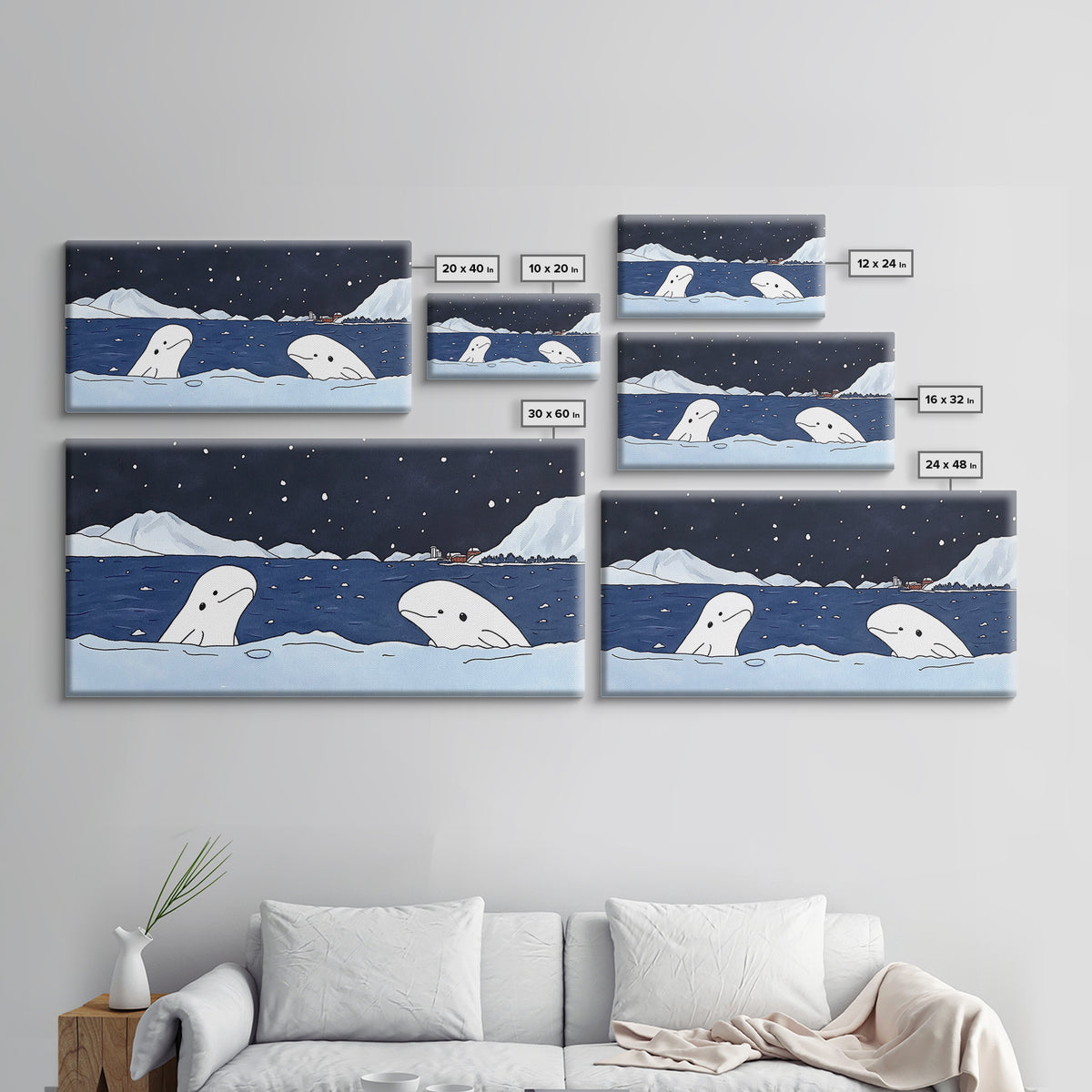 Two Beluga Whales In Icy Bay Wall Art, Arctic Ocean Watercolor Painting, Coastal Nursery Decor, Winter Wildlife Print Gift