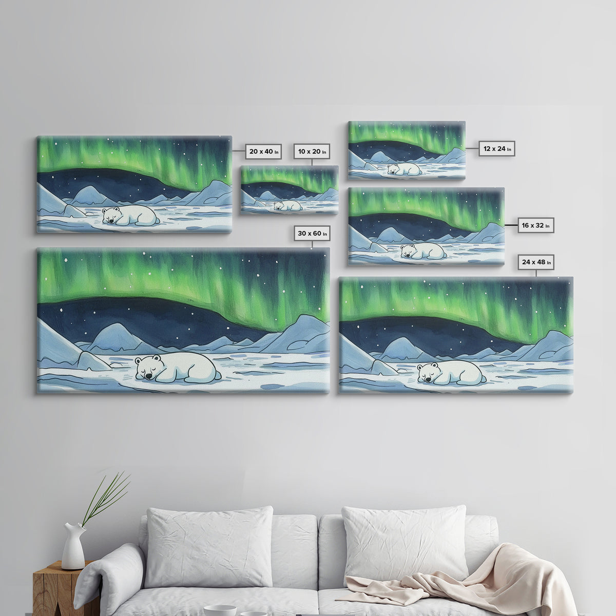 Polar Bear Under Green Aurora Wall Art, Arctic Animal Nursery Decor, Winter Landscape Art Print, Kids Room Decor Baby Gift