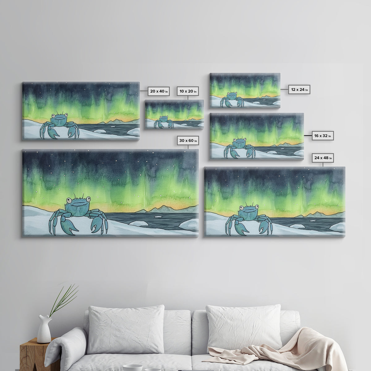 Blue Crab Under Green Aurora Wall Art, Coastal Animal Print, Ocean Nursery Decor, Whimsical Bathroom Wall Decor Gift For Her