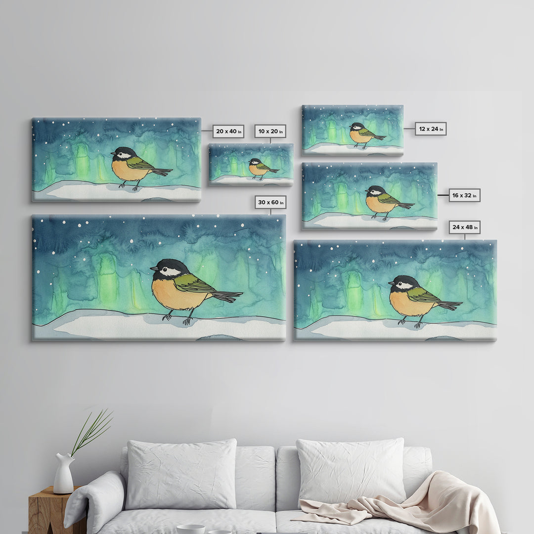Chickadee Under Northern Lights Wall Art, Whimsical Bird Art Print, Celestial Nursery Decor, Kids Room Decor, Winter Wall Art