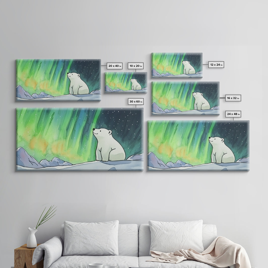 Polar Bear Beneath Aurora Framed Canvas Print, Arctic Animal Wall Art, Celestial Nature Decor, Kids Room Art, Nursery Wall Art