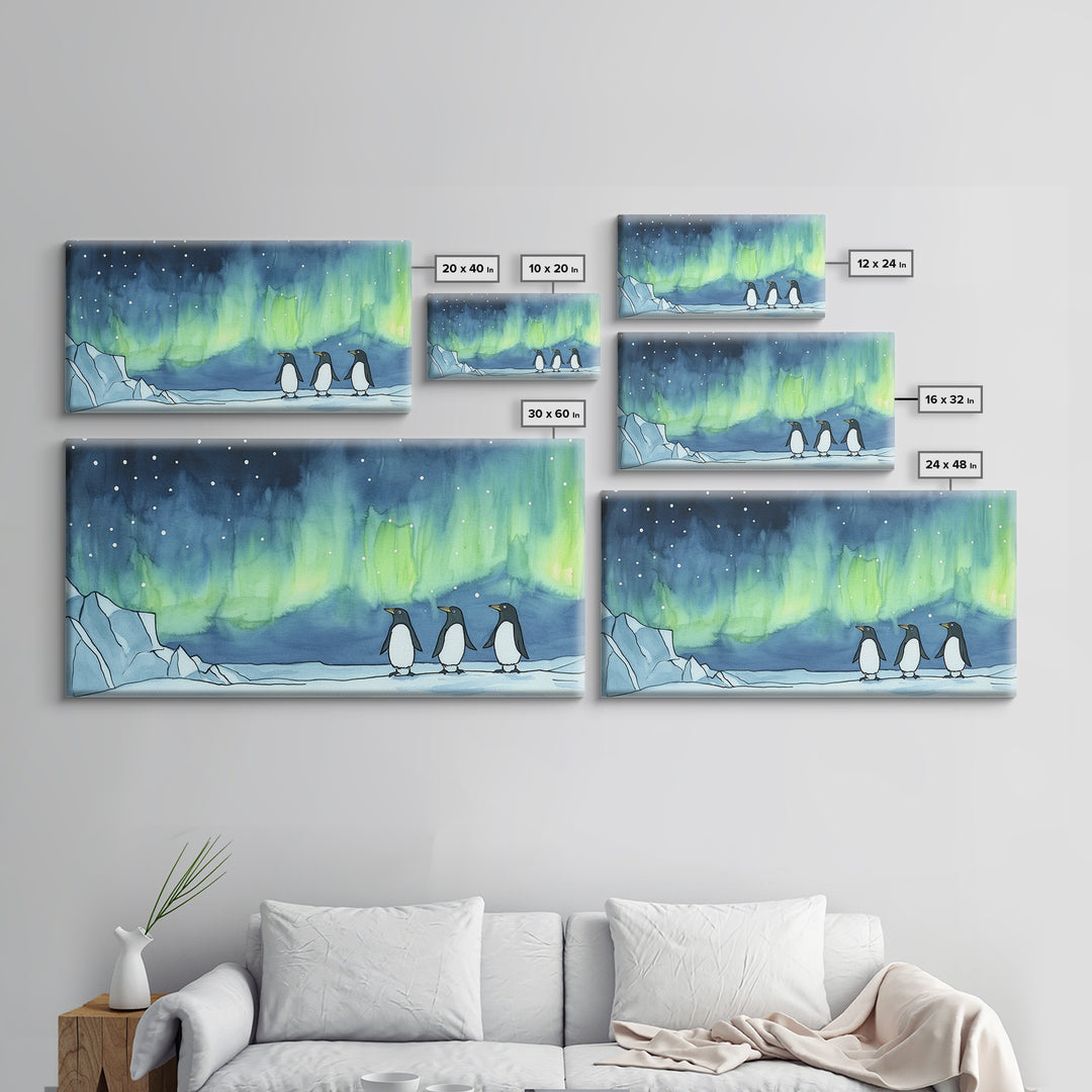 Penguins Walking Under Aurora Canvas Print, Arctic Animal Wall Art, Whimsical Nursery Decor, Kids Room Art, Coastal Wall Decor