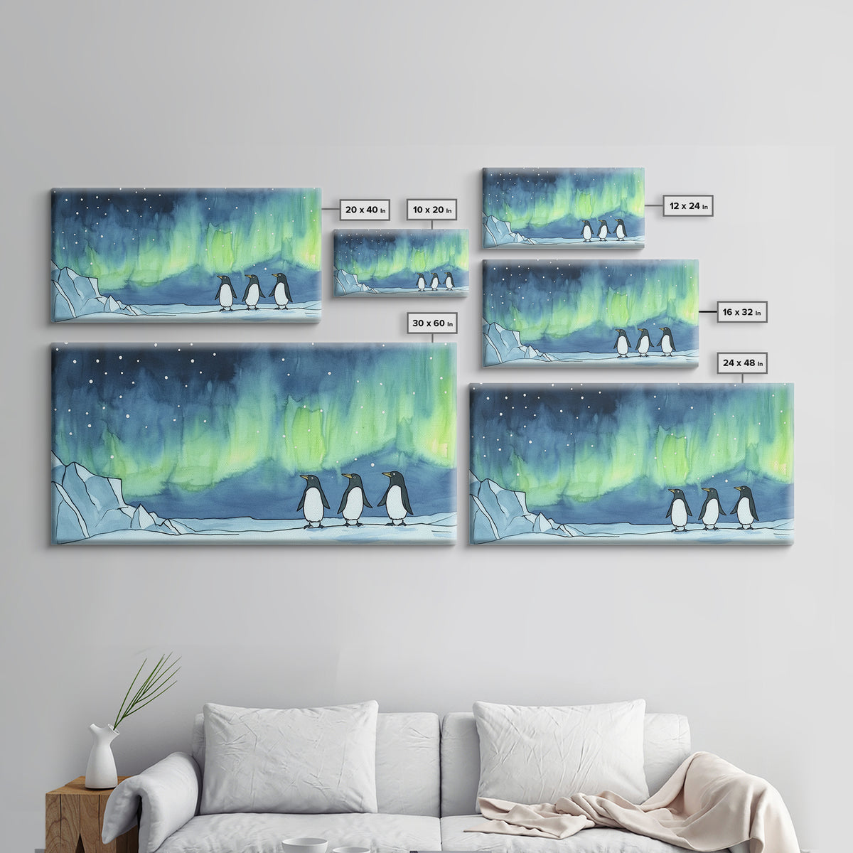 Penguins Walking Under Aurora Canvas Print, Arctic Animal Wall Art, Whimsical Nursery Decor, Kids Room Art, Coastal Wall Decor