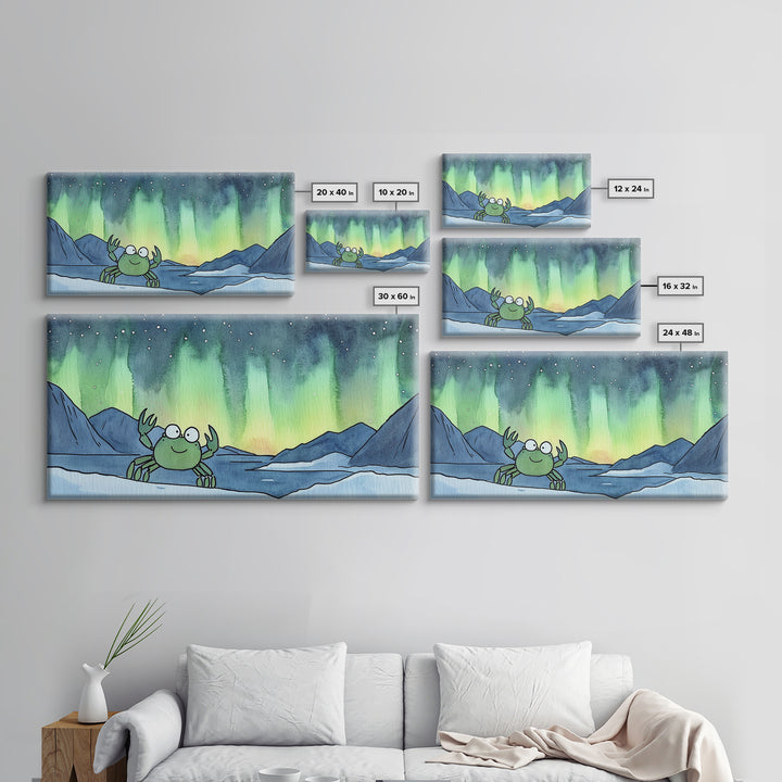 Cheerful Crab Under Northern Lights Wall Art, Whimsical Ocean Art Print, Coastal Nursery Decor, Kids Room Decor, Animal Wall Art