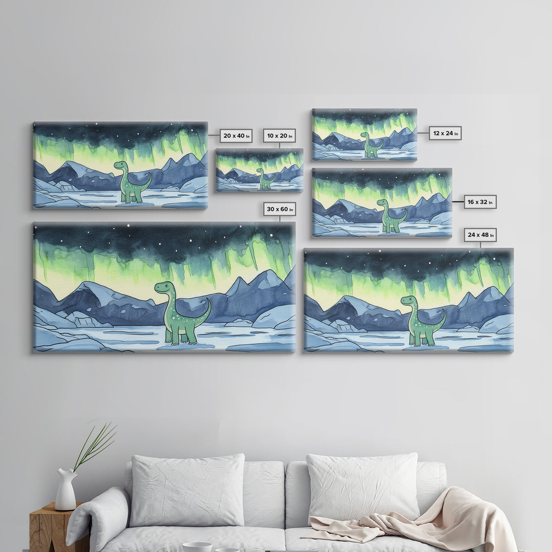 Friendly Loch Ness Dinosaur Under Aurora Wall Art, Whimsical Fantasy Art Print, Kids Room Decor, Nursery Wall Art, Lake Wall Art