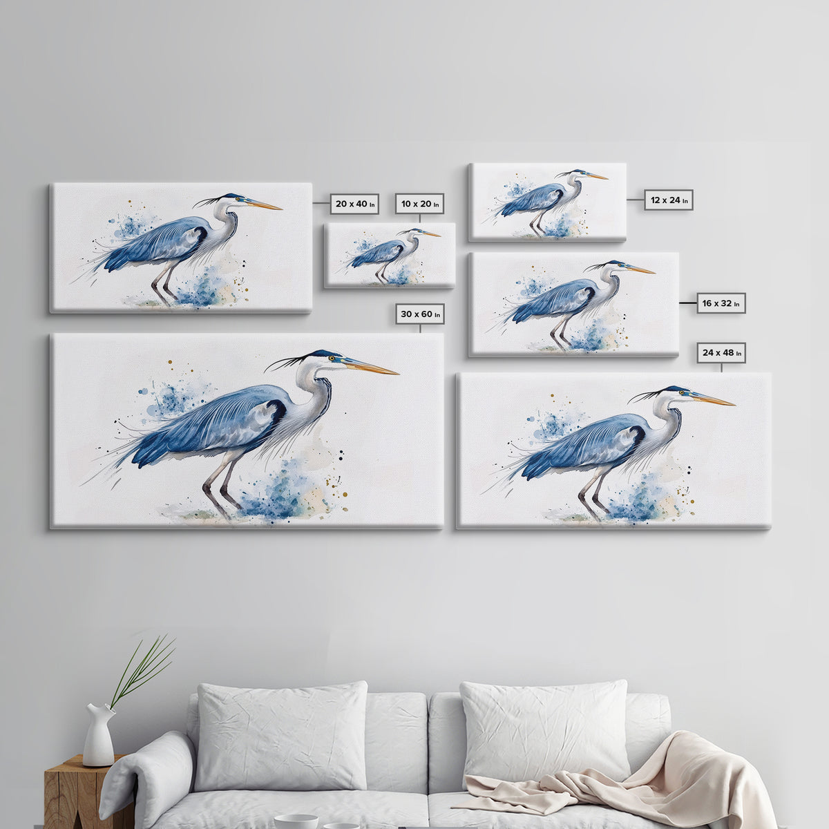 Blue Heron Watercolor Canvas Print, Elegant Coastal Bird Wall Art, Nautical Wildlife Decor, Beach House Living Room Art Print