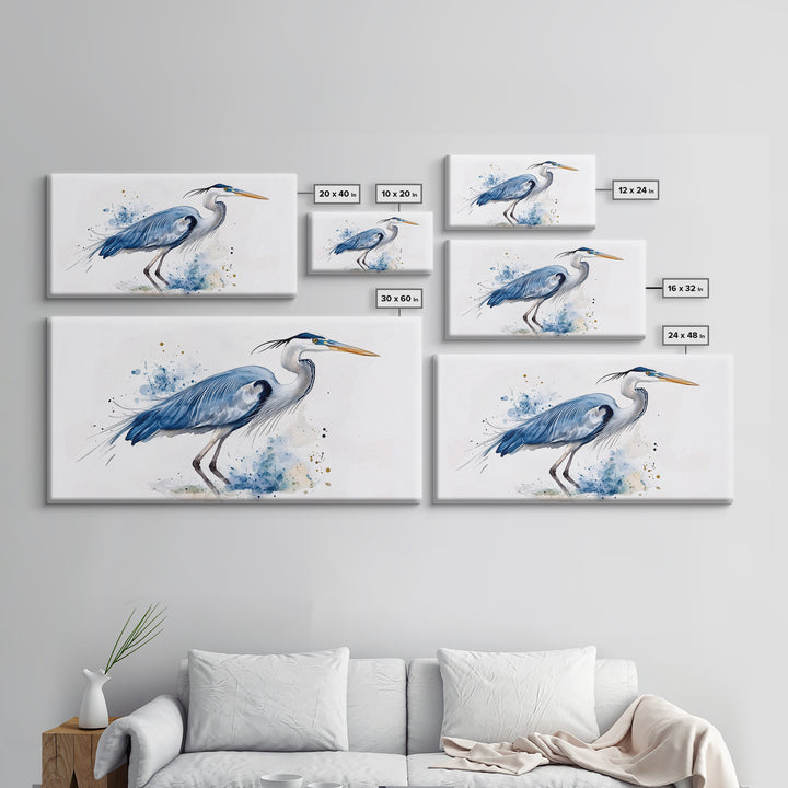 Blue Heron Watercolor Canvas Print, Elegant Coastal Bird Wall Art, Nautical Wildlife Decor, Beach House Living Room Art Print