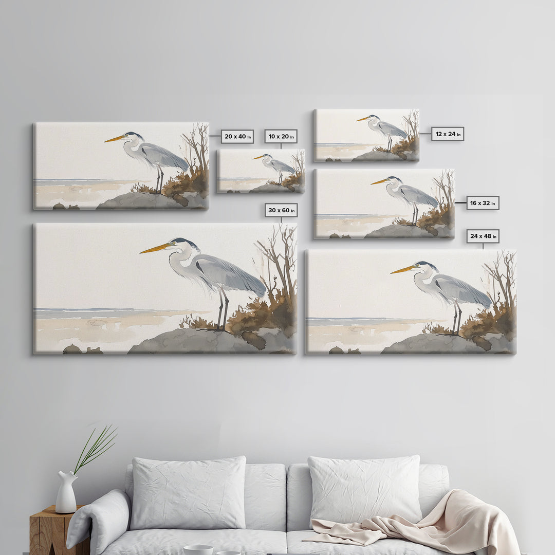 Coastal Great Blue Heron Wall Art, Serene Beach Landscape Watercolor, Nautical Bird Print, Beach House Living Room Decor