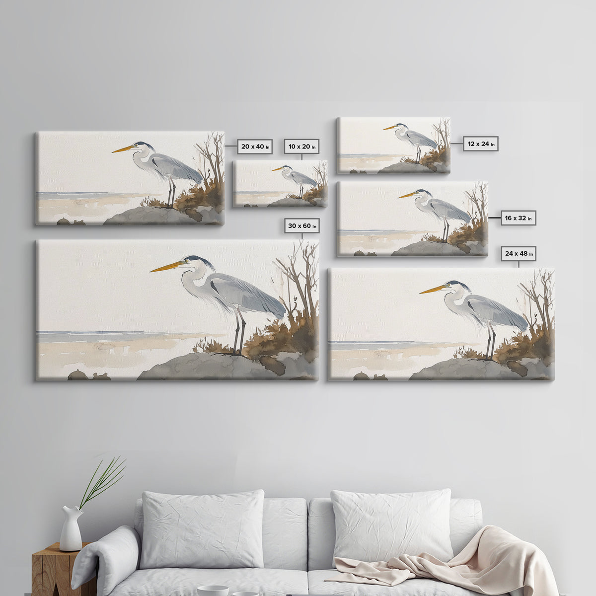 Coastal Great Blue Heron Wall Art, Serene Beach Landscape Watercolor, Nautical Bird Print, Beach House Living Room Decor