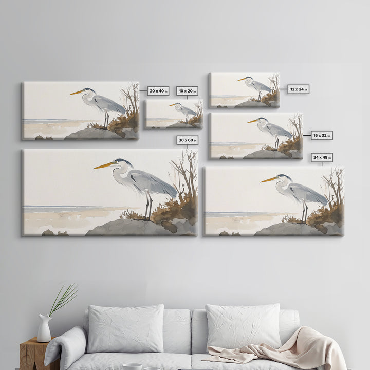 Coastal Great Blue Heron Wall Art, Serene Beach Landscape Watercolor, Nautical Bird Print, Beach House Living Room Decor