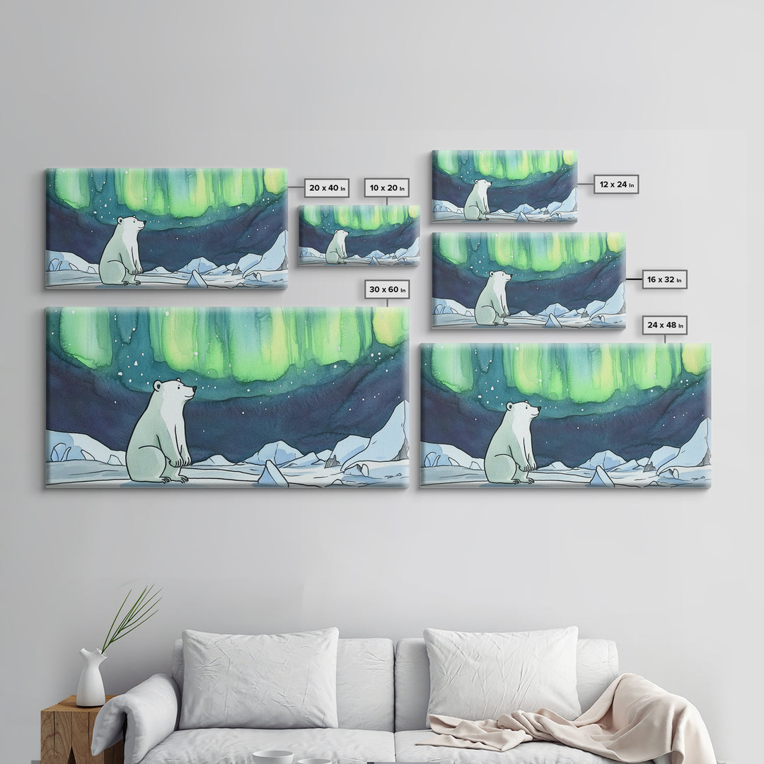 Polar Bear Northern Lights Canvas Print, Arctic Wildlife Wall Art, Aurora Borealis Nursery Decor, Whimsical Kids Room Gift