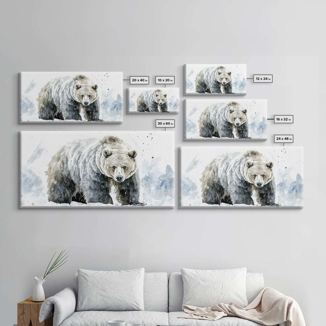 Snowy Grizzly Bear Canvas Print, Winter Wildlife Wall Art, Rustic Mountain Animal Decor, Lodge Cabin Living Room Gift For Him
