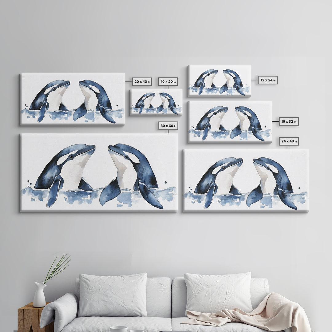 Two Orca Whales Rising From Blue Water Canvas Print, Minimalist Ocean Animal Wall Art, Coastal Nursery Decor, Gift For Her