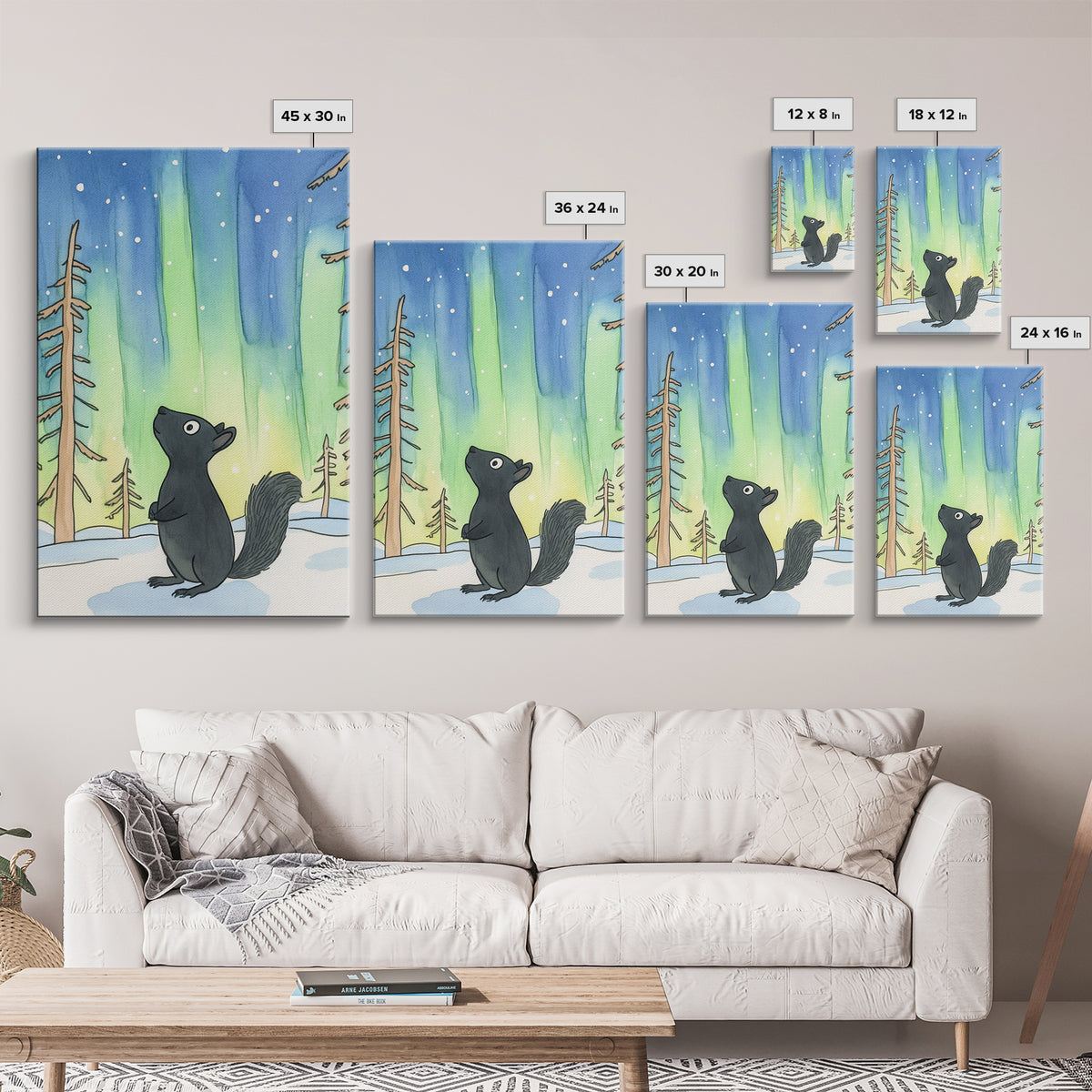 Whimsical Black Squirrel Aurora Wall Art, Northern Lights Nursery Decor, Woodland Animal Print, Winter Forest Kids Room Art