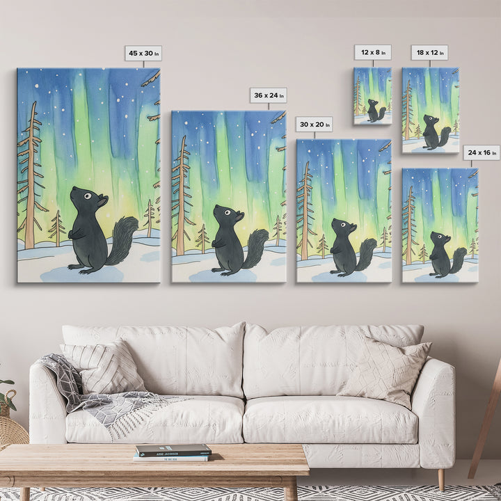 Whimsical Black Squirrel Aurora Wall Art, Northern Lights Nursery Decor, Woodland Animal Print, Winter Forest Kids Room Art