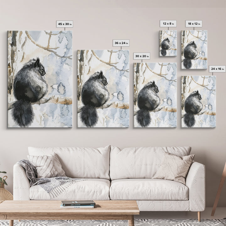 Black Squirrel Winter Branch Wall Art, Watercolor Wildlife Print, Rustic Nature Decor, Woodland Animal Art, Cabin Poster