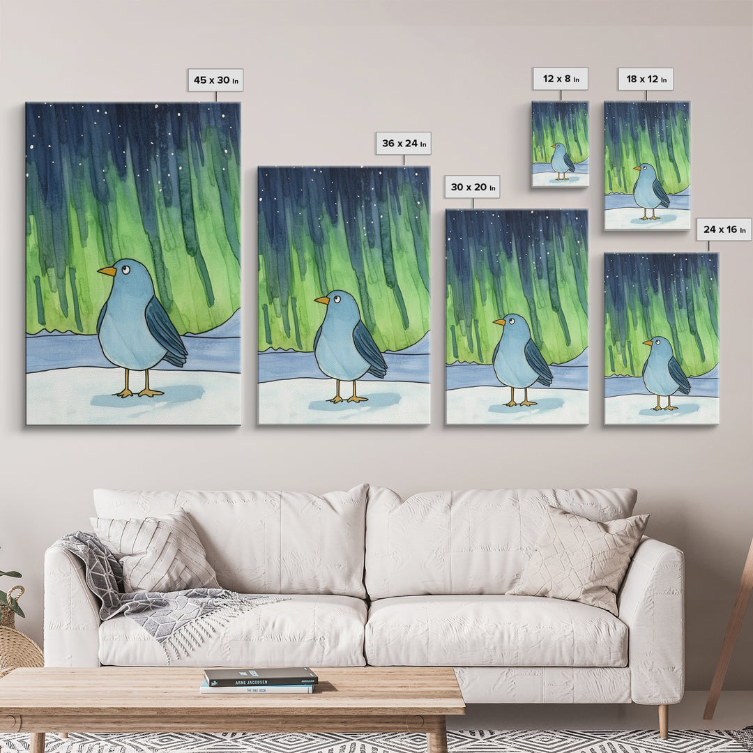 Whimsical Blue Bird Aurora Wall Art, Northern Lights Winter Decor, Nursery Animal Print, Kids Room Art, Celestial Poster