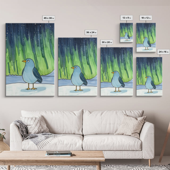 Whimsical Blue Bird Aurora Wall Art, Northern Lights Winter Decor, Nursery Animal Print, Kids Room Art, Celestial Poster