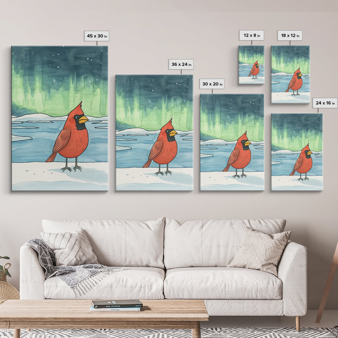 Cardinal Under Northern Lights Canvas Print, Winter Landscape Wall Art, Bird Art Print, Cozy Cabin Decor, Christmas Gift For Her