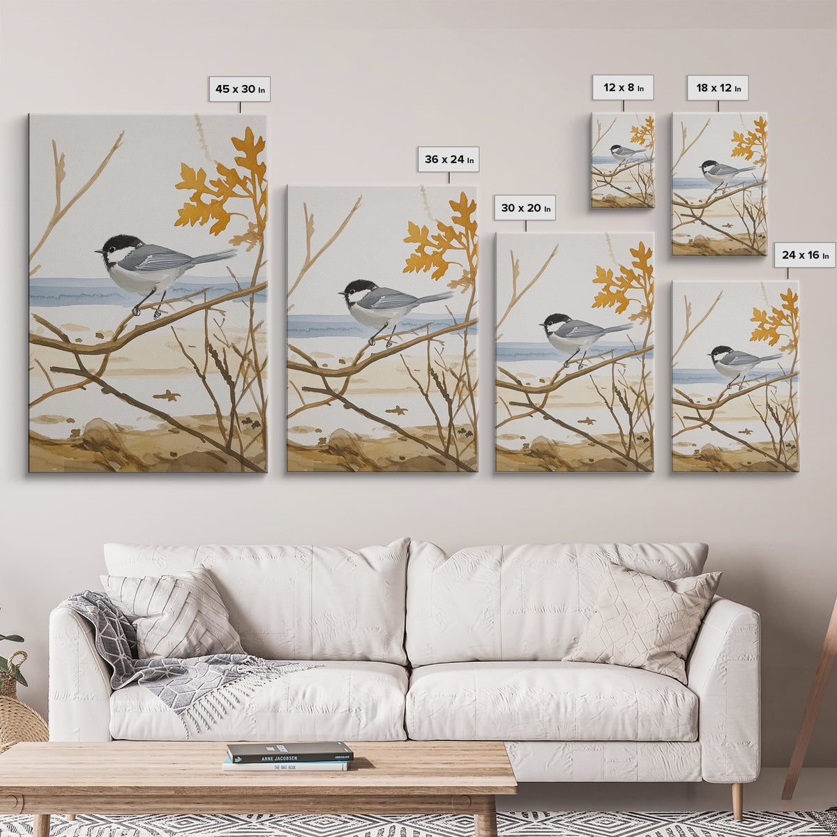 Coastal Chickadee On Driftwood Branch Wall Art, Beach House Decor, Nautical Nature Print, Bird Art Print, Serene Seaside Decor