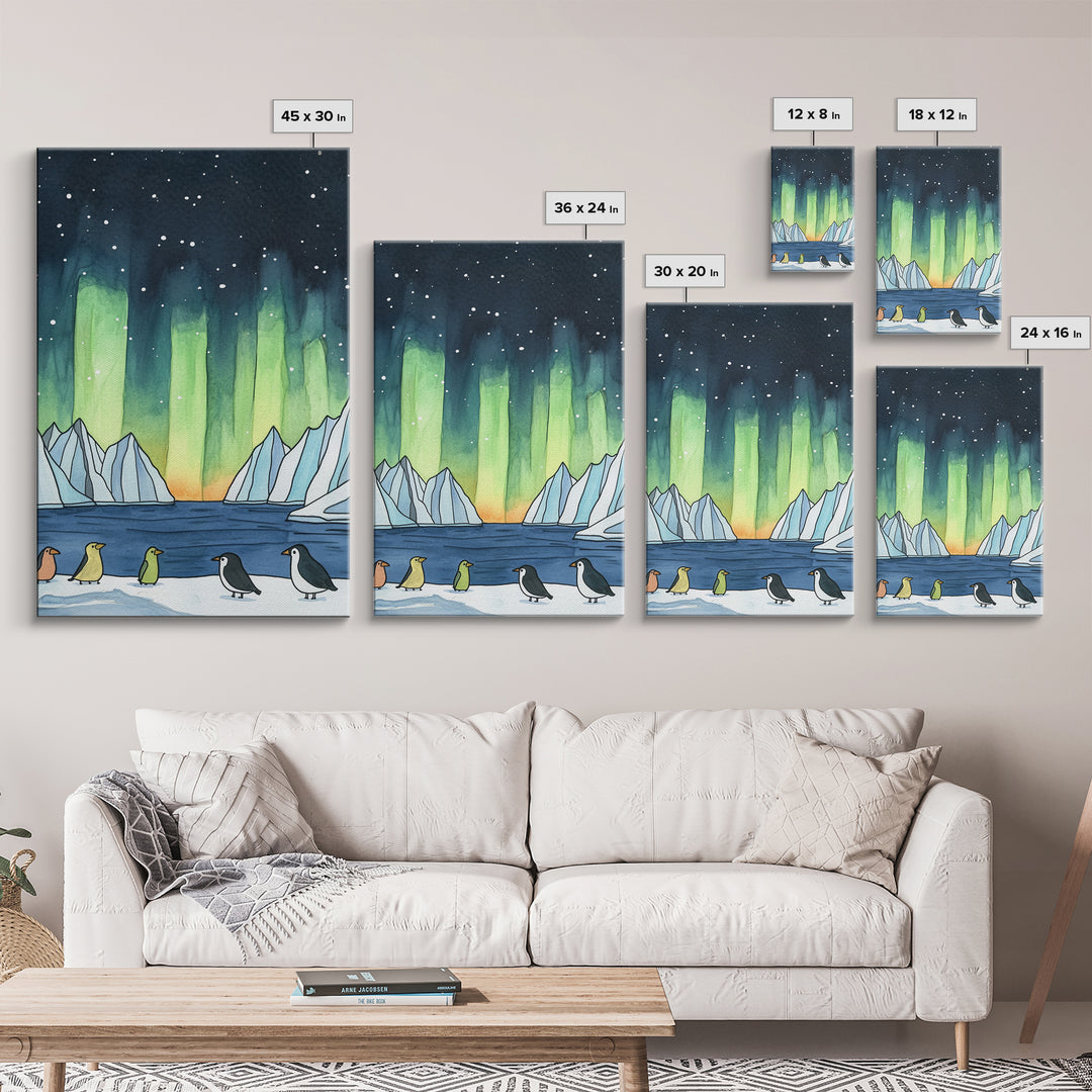 Penguins Under Northern Lights Canvas Print, Aurora Borealis Wall Decor, Arctic Animal Art, Kids Room Decor, Whimsical Nursery Art