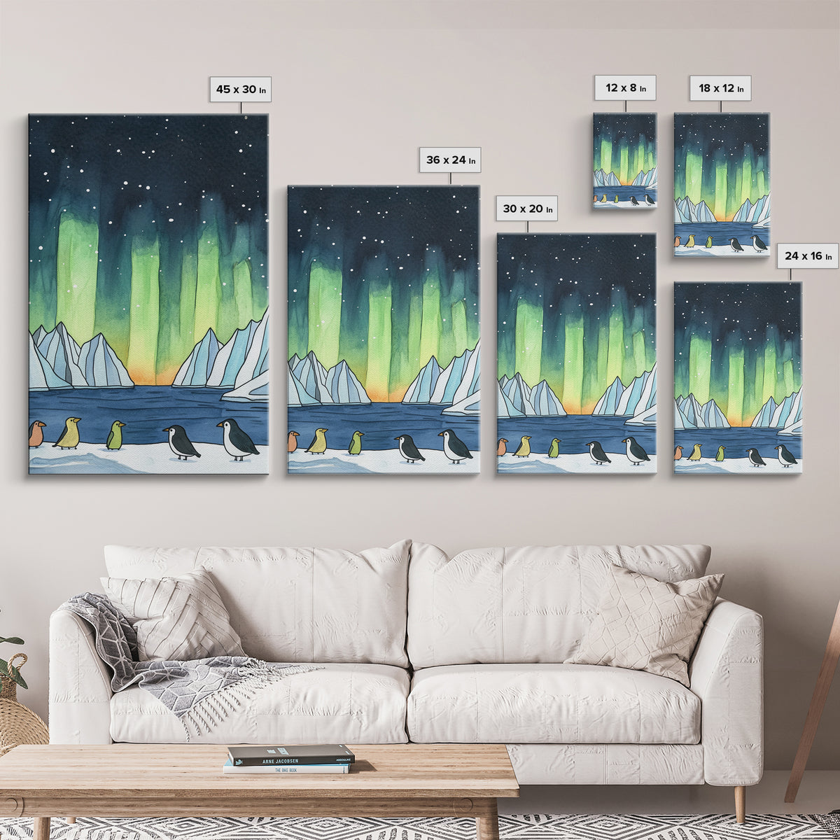 Penguins Under Northern Lights Canvas Print, Aurora Borealis Wall Decor, Arctic Animal Art, Kids Room Decor, Whimsical Nursery Art