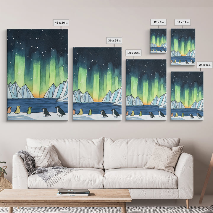 Penguins Under Northern Lights Canvas Print, Aurora Borealis Wall Decor, Arctic Animal Art, Kids Room Decor, Whimsical Nursery Art