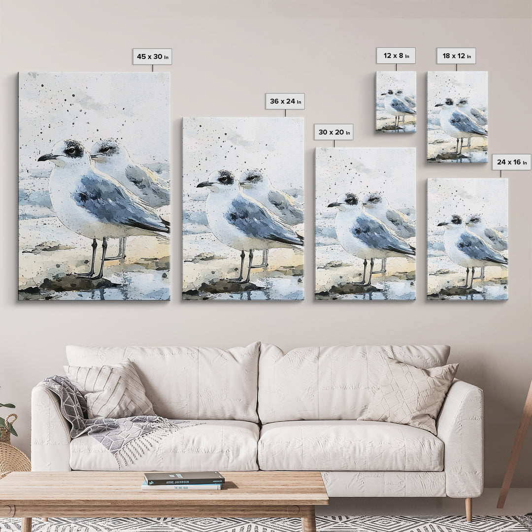 Two Seagulls On Sandy Beach Framed Canvas Print, Coastal Wall Art, Ocean Decor, Nautical Art Print, Beach House Decor Gift