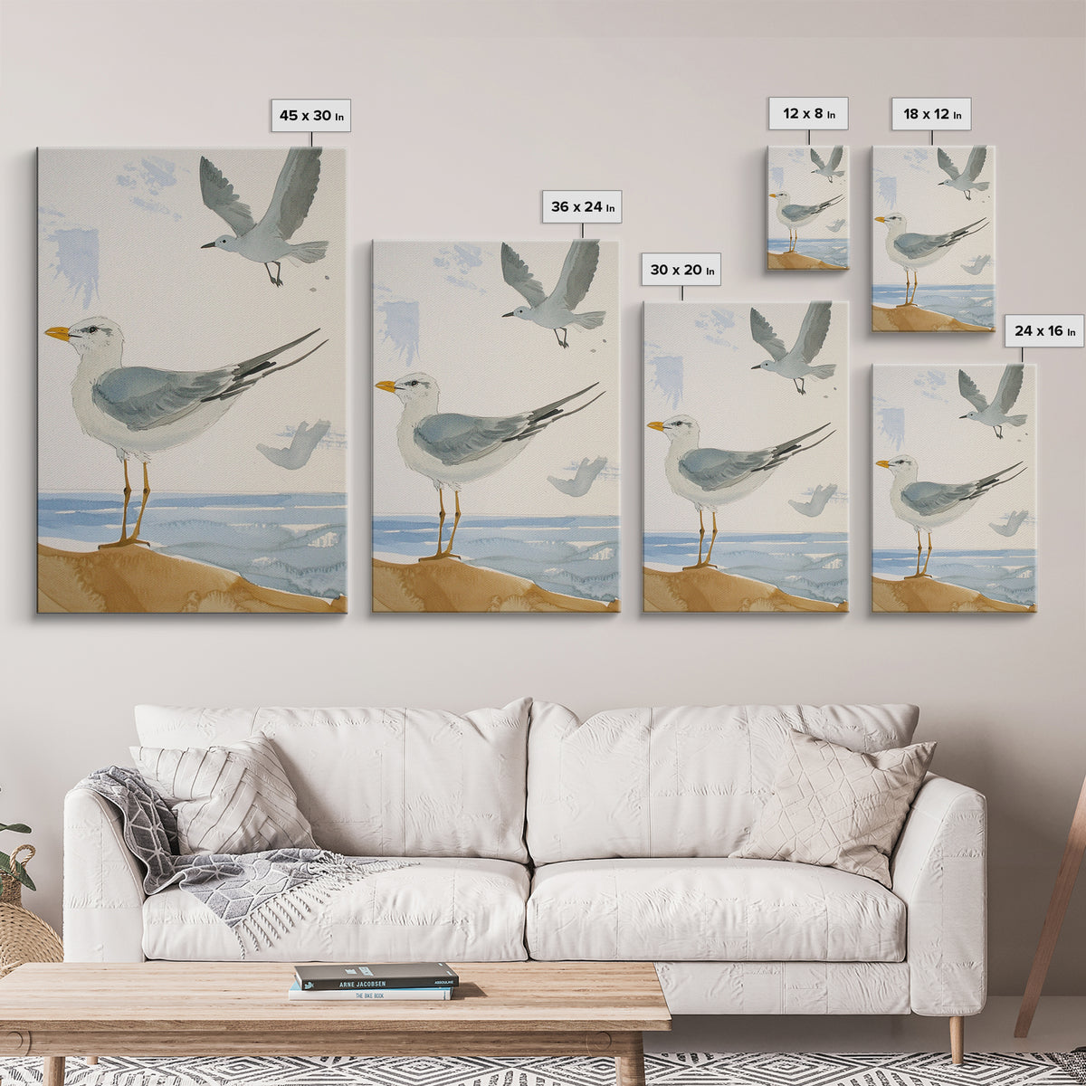 Minimal Seagulls Above Ocean Dune Canvas Print, Coastal Wall Art, Beach House Decor, Nautical Bird Print, Serene Bathroom Decor